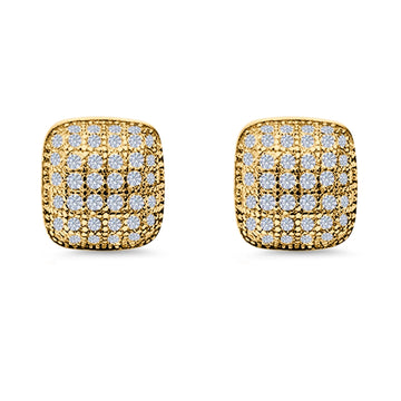 Princess Cut Hip Hop Iced Out Stud Earrings Micro Pave Yellow Tone, Simulated CZ Screw-Back 925 Sterling Silver